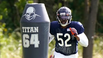 LAKE FOREST, ILLINOIS - AUGUST 18: Khalil Mack #52 of the Chicago Bears runs a drill during training camp at Halas Hall on August 18, 2020 in Lake Forest, Illinois. (Photo by Nam Y. Huh-Pool/Getty Images)