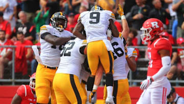 Sep 24, 2016; Piscataway, NJ, USA; Iowa Hawkeyes tight end George Kittle (46) celebrates his touchdown reception during the first half of their game against the Rutgers Scarlet Knights at High Points Solutions Stadium. Mandatory Credit: Ed Mulholland-USA TODAY Sports