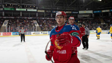 KELOWNA, BC - DECEMBER 18: Grigory Denisenko #28 and Alexander Romanov #26 of Team Russia celebrate a first period goal against the Team Sweden at Prospera Place on December 18, 2018 in Kelowna, Canada. (Photo by Marissa Baecker/Getty Images)