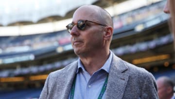 BRONX, NY - OCTOBER 15: New York Yankees General Manager Brian Cashman looks on prior to Game 3 of the ALCS between the Houston Astros and the New York Yankees at Yankee Stadium on Tuesday, October 15, 2019 in the Bronx borough of New York City. (Photo by Rob Tringali/MLB Photos via Getty Images)