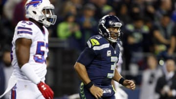 Nov 7, 2016; Seattle, WA, USA; Seattle Seahawks quarterback Russell Wilson (3) celebrates his rushing touchdown against the Buffalo Bills during the first quarter at CenturyLink Field. Mandatory Credit: Joe Nicholson-USA TODAY Sports