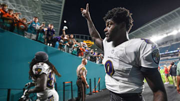 MIAMI, FL - AUGUST 25: Lamar Jackson #8 of the Baltimore Ravens waves to fans after a preseason game against the Miami Dolphins at Hard Rock Stadium on August 25, 2018 in Miami, Florida. (Photo by Mark Brown/Getty Images)