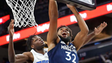 Minnesota Timberwolves star Karl-Anthony Towns tries to score against the Orlando Magic. Mandatory Credit: Bruce Kluckhohn-USA TODAY Sports