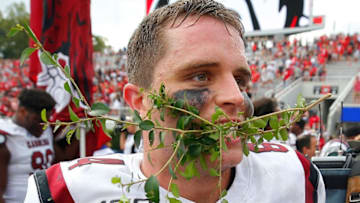 ATHENS, GEORGIA - OCTOBER 12: Kyle Markway #84 of the South Carolina Gamecocks reacts after their 20-17 win over the Georgia Bulldogs in the second overtime at Sanford Stadium on October 12, 2019 in Athens, Georgia. (Photo by Kevin C. Cox/Getty Images)