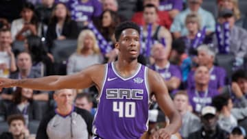 SACRAMENTO, CA - APRIL 11: Nigel Hayes #40 of the Sacramento Kings looks on during the game against the Houston Rockets on April 11, 2018 at Golden 1 Center in Sacramento, California. NOTE TO USER: User expressly acknowledges and agrees that, by downloading and or using this photograph, User is consenting to the terms and conditions of the Getty Images Agreement. Mandatory Copyright Notice: Copyright 2018 NBAE (Photo by Rocky Widner/NBAE via Getty Images)