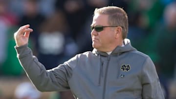 Nov 14, 2015; South Bend, IN, USA; Notre Dame Fighting Irish head coach Brian Kelly signals to his players during warmups before the game against the Wake Forest Demon Deacons at Notre Dame Stadium. Notre Dame won 28-7. Mandatory Credit: Matt Cashore-USA TODAY Sports