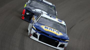 KANSAS CITY, KS - MAY 10: Chase Elliott, driver of the #9 NAPA Auto Parts Chevrolet, leads Alex Bowman, driver of the #88 Axalta Chevrolet, during practice for the Monster Energy NASCAR Cup Series Digital Ally 400 at Kansas Speedway on May 10, 2019 in Kansas City, Kansas. (Photo by Brian Lawdermilk/Getty Images)
