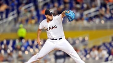 Sep 25, 2015; Miami, FL, USA; Miami Marlins starting pitcher Jose Fernandez (16) delivers a pitch during the first inning against the Atlanta Braves at Marlins Park. Mandatory Credit: Steve Mitchell-USA TODAY Sports