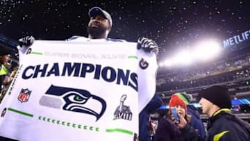 Feb 2, 2014; East Rutherford, NJ, USA; Seattle Seahawks defensive tackle Tony McDaniel celebrates after Super Bowl XLVIII against the Denver Broncos at MetLife Stadium. Mandatory Credit: Mark J. Rebilas-USA TODAY Sports