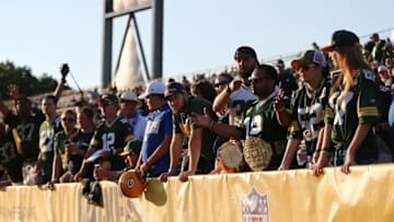 Aug 7, 2016; Canton, OH, USA; Fans wait for players prior to the 2016 Hall of Fame Game at Tom Benson Hall of Fame Stadium. The game was cancelled due to safety concerns with the condition of the playing surface. Mandatory Credit: Aaron Doster-USA TODAY Sports
