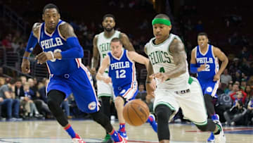 Jan 24, 2016; Philadelphia, PA, USA; Boston Celtics guard Isaiah Thomas (4) breaks away from Philadelphia 76ers forward Jerami Grant (39) during the second half at Wells Fargo Center. The Celtics won 112-92. Mandatory Credit: Bill Streicher-USA TODAY Sports