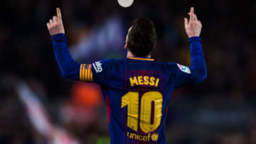 BARCELONA, SPAIN - APRIL 07: Lionel Messi of FC Barcelona celebrates after scoring the opening goal during the La Liga match between Barcelona and Leganes at Camp Nou on April 7, 2018 in Barcelona, Spain. (Photo by Alex Caparros/Getty Images)