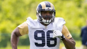 May 16, 2014; St. Louis, MO, USA; St. Louis Rams defensive end Michael Sam (96) during rookie minicamp at Rams Park. Mandatory Credit: Scott Rovak-USA TODAY Sports