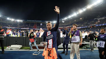 Kylian Mbappe celebrates the championship trophy after the match between Paris Saint-Germain and Clermont Foot at Parc des Princes on June 03, 2023 in Paris, France. (Photo by Xavier Laine/Pool/Getty Images)