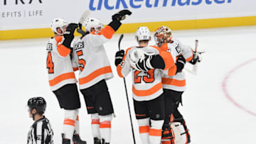 BOSTON, MA - NOVEMBER 10: The Philadelphia Flyers celebrate the shoot out win against the Boston Bruins at the TD Garden on November 10, 2019 in Boston, Massachusetts. (Photo by Steve Babineau/NHLI via Getty Images)