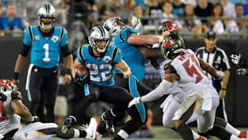 CHARLOTTE, NORTH CAROLINA - SEPTEMBER 12: Christian McCaffrey #22 of the Carolina Panthers runs against the Tampa Bay Buccaneers at Bank of America Stadium on September 12, 2019 in Charlotte, North Carolina. (Photo by Grant Halverson/Getty Images)