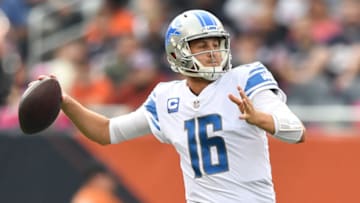 CHICAGO, ILLINOIS - OCTOBER 03: Quarterback Jared Goff #16 of the Detroit Lions passes the ball against the Chicago Bears in the first half at Soldier Field on October 03, 2021 in Chicago, Illinois. (Photo by Jamie Sabau/Getty Images)