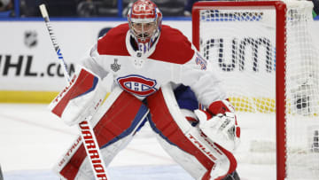 Jun 28, 2021; Tampa, Florida, USA; Montreal Canadiens goaltender Carey Price (31) defends the net against the Tampa Bay Lightning in the second period of game one of the 2021 Stanley Cup Final at Amalie Arena. Mandatory Credit: Kim Klement-USA TODAY Sports