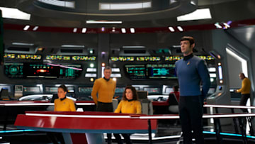Such Sweet Sorrow, Part 2 -- Ep#214 -- Pictured (l-r): Samora Smallwood as Lt. Amin; Anson Mount as Captain Pike; Rebecca Romijn as Number One; Ethan Peck as Spock of the CBS All Access series STAR TREK: DISCOVERY. Photo Cr: Russ Martin/CBS ÃÂ©2018 CBS Interactive, Inc. All Rights Reserved.