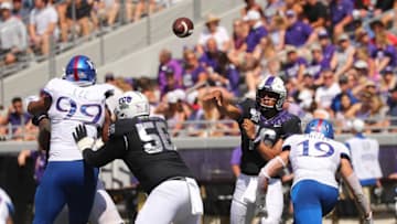 FORT WORTH, TEXAS - SEPTEMBER 28: Quarterback Alex Delton #16 of the TCU Horned Frogs passes the ball against the Kansas Jayhawks in the second quarter at Amon G. Carter Stadium on September 28, 2019 in Fort Worth, Texas. (Photo by Richard Rodriguez/Getty Images)
