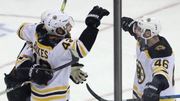 COLUMBUS, OH - MAY 6: Boston Bruins right wing David Backes (42) celebrates his goal with teammates David Krejci (46) and Jake DeBrusk (74, left behind Backes) during the third period. The Columbus Blue Jackets host the Boston Bruins in Game 6 of the Eastern Conference semifinals at Nationwide Arena in Columbus, OH on May 6, 2019. (Photo by Matthew J. Lee/The Boston Globe via Getty Images)