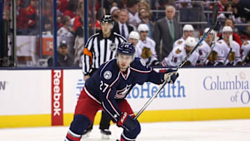 Apr 9, 2016; Columbus, OH, USA; Columbus Blue Jackets defenseman Ryan Murray (27) against the Chicago Blackhawks at Nationwide Arena. The Blue Jackets won 5-4 in overtime. Mandatory Credit: Aaron Doster-USA TODAY Sports