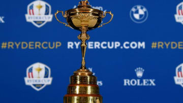 The Ryder Cup's trophy is presented during a press conference on october 17, 2017 in Paris. / AFP PHOTO / FRANCK FIFE (Photo credit should read FRANCK FIFE/AFP via Getty Images)