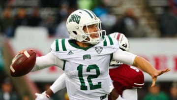 HADLEY, MA - SEPTEMBER 30: Nathan Rourke #12 of the Ohio Bobcats throws a pass during the first half against the Massachusetts Minutemen at Warren McGuirk Alumni Stadium on September 30, 2017 in Hadley, Massachusetts. (Photo by Tim Bradbury/Getty Images)