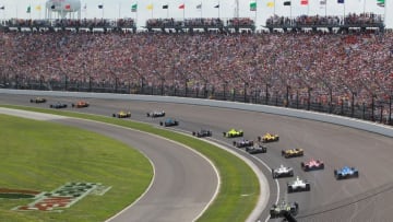 May 29, 2016; Indianapolis, IN, USA; Verizon Indy Car driver James Hinchcliffe leads the field for the start of the 100th running of the Indianapolis 500 at Indianapolis Motor Speedway. Mandatory Credit: Brian Spurlock-USA TODAY Sports