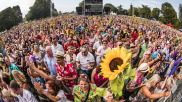 WEINHEIM, GERMANY - JULY 22: (EDITORS NOTE: Image was taken using a fisheye lens.) A general view of the crowd during Waidsee Festival on July 22, 2017 in Weinheim, Germany. (Photo by Simon Hofmann/Redferns)