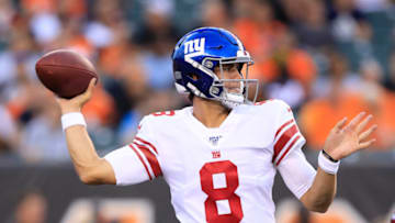 CINCINNATI, OHIO - AUGUST 22: Daniel Jones #8 of the New York Giants throws the ball against the Cincinnati Bengals at Paul Brown Stadium on August 22, 2019 in Cincinnati, Ohio. (Photo by Andy Lyons/Getty Images)