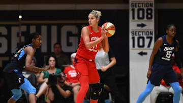 WASHINGTON, DC - SEPTEMBER 2:Despite a bruised knee, Washington Mystics forward Elena Delle Donne (11) starts in game 4 of the WNBA conference finals against the Atlanta Dream at the Charles E. Smith Center September 02, 2018 in Washington, DC. The Washington Mystics beat the Atlanta Dream 97-76 and will play game 5 in Atlanta on Tuesday.(Photo by Katherine Frey/The Washington Post via Getty Images)