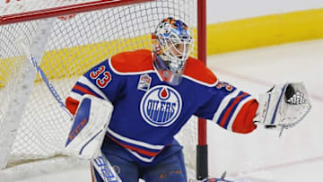 Nov 13, 2016; Edmonton, Alberta, CAN; Edmonton Oilers goaltender Cam Talbot (33) makes a save during warmup against the New York Rangers at Rogers Place. Mandatory Credit: Perry Nelson-USA TODAY Sports