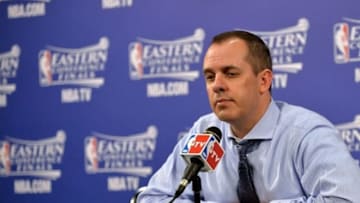 Jun 3, 2013; Miami, FL, USA; Indiana Pacers head coach Frank Vogel addresses the media following game 7 of the 2013 NBA Eastern Conference Finals at American Airlines Arena. The Miami Heat defeated the Pacers 99-76 to win the series four games to three. Mandatory Credit: Steve Mitchell- USA TODAY Sports