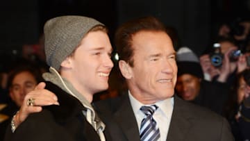 Arnold and Patrick Schwarzenegger attends the premiere of The Last Stand at Odeon West End. (Photo by Rune Hellestad/Corbis via Getty Images)