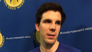 Santa Cruz Warriors center, Daniel Coursey, talks to media following a win over the Reno Bighorns