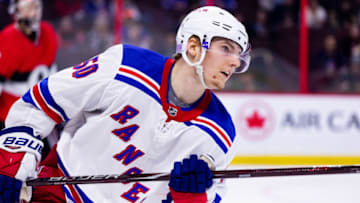 OTTAWA, ON - NOVEMBER 29: New York Rangers center Lias Andersson (50) follows the play during third period National Hockey League action between the New York Rangers and Ottawa Senators on November 29, 2018, at Canadian Tire Centre in Ottawa, ON, Canada. (Photo by Richard A. Whittaker/Icon Sportswire via Getty Images)