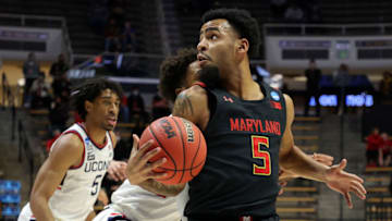 WEST LAFAYETTE, INDIANA - MARCH 20: Eric Ayala #5 of the Maryland Terrapins looks toward the basket during the first half against the Connecticut Huskies in the first round game of the 2021 NCAA Men's Basketball Tournament at Mackey Arena on March 20, 2021 in West Lafayette, Indiana. (Photo by Gregory Shamus/Getty Images)