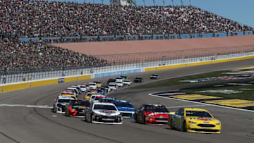 LAS VEGAS, NV - MARCH 04: Ryan Blaney, driver of the #12 Menards/Pennzoil Ford, leads the field at the start of the Monster Energy NASCAR Cup Series Pennzoil 400 presented by Jiffy Lube at Las Vegas Motor Speedway on March 4, 2018 in Las Vegas, Nevada. (Photo by Sean Gardner/Getty Images)