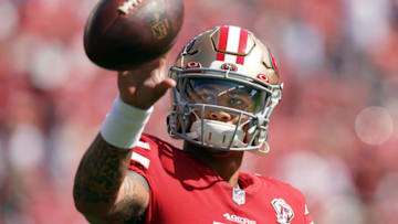San Francisco 49ers quarterback Trey Lance (5) Mandatory Credit: Darren Yamashita-USA TODAY Sports