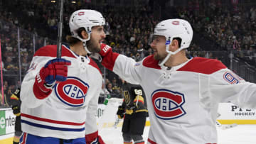 LAS VEGAS, NEVADA - OCTOBER 31: Phillip Danault #24 and Tomas Tatar #90 of the Montreal Canadiens celebrate after Tatar assisted Danault on a first-period goal against the Vegas Golden Knights during their game at T-Mobile Arena on October 31, 2019 in Las Vegas, Nevada. The Canadiens defeated the Golden Knights 5-4 in overtime. (Photo by Ethan Miller/Getty Images)