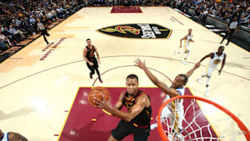 CLEVELAND, OH - JUNE 8: Rodney Hood #1 of the Cleveland Cavaliers goes to the basket against the Golden State Warriors in Game Four of the 2018 NBA Finals on June 8, 2018 at Quicken Loans Arena in Cleveland, Ohio. NOTE TO USER: User expressly acknowledges and agrees that, by downloading and/or using this photograph, user is consenting to the terms and conditions of the Getty Images License Agreement. Mandatory Copyright Notice: Copyright 2018 NBAE (Photo by Nathaniel S. Butler/NBAE via Getty Images)
