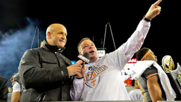 Dec 30, 2016; Nashville , TN, USA; Tennessee Volunteers head coach Butch Jones (R) speaks to the fans after defeated the Nebraska Cornhuskers 38-24 at Nissan Stadium. Mandatory Credit: Jim Brown-USA TODAY Sports