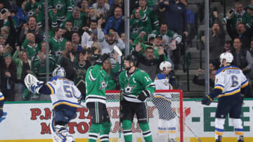DALLAS, TX - FEBRUARY 21: Jamie Benn #14 and the Dallas Stars celebrate a goal against the St. Louis Blues at the American Airlines Center on February 21, 2019 in Dallas, Texas. (Photo by Glenn James/NHLI via Getty Images)