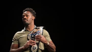DALLAS, TX - MAY 12: Jon Jones holds a UFC championship belt during the UFC Summer Kickoff Press Conference at the American Airlines Center on May 12, 2017 in Dallas, Texas. (Photo by Cooper Neill/Zuffa LLC/Zuffa LLC via Getty Images)