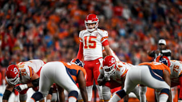 DENVER, CO - OCTOBER 17: Patrick Mahomes #15 of the Kansas City Chiefs runs the offense against the Denver Broncos in the second quarter of a game at Empower Field at Mile High on October 17, 2019 in Denver, Colorado. (Photo by Dustin Bradford/Getty Images)