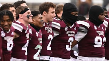 Nov 19, 2022; Starkville, Mississippi, USA;Mississippi State Bulldogs players react after the game against the East Tennessee State Buccaneers at Davis Wade Stadium at Scott Field. Mandatory Credit: Matt Bush-USA TODAY Sports