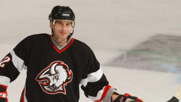 WASHINGTON, DC - NOVEMBER 28: Richard Smehlik #42 of the Buffalo Sabres warms up before a NHL hockey game against the Washington Capitals at MCI Center on November 28, 2001 in Washington, DC. (Photo by Mitchell Layton/Getty Images)