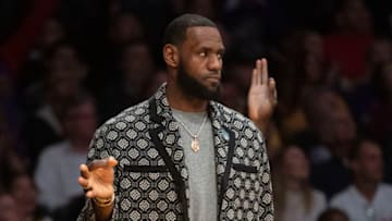 LOS ANGELES, CA - JANUARY 02: The Los Angeles Lakers' Lebron James celebrates a three-pointer from the bench during the second half of their NBA game against the Oklahoma City Thunder at Staples Center in Los Angeles on Wednesday, January 2, 2019. (Photo by Kevin Sullivan/Digital First Media/Orange County Register via Getty Images)