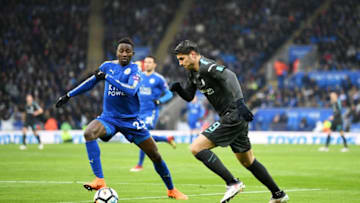 LEICESTER, ENGLAND - MARCH 18: Alvaro Morata of Chelsea is watched by Wilfred Ndidi of Leicester City during The Emirates FA Cup Quarter Final match between Leicester City and Chelsea at The King Power Stadium on March 18, 2018 in Leicester, England. (Photo by Michael Regan/Getty Images)